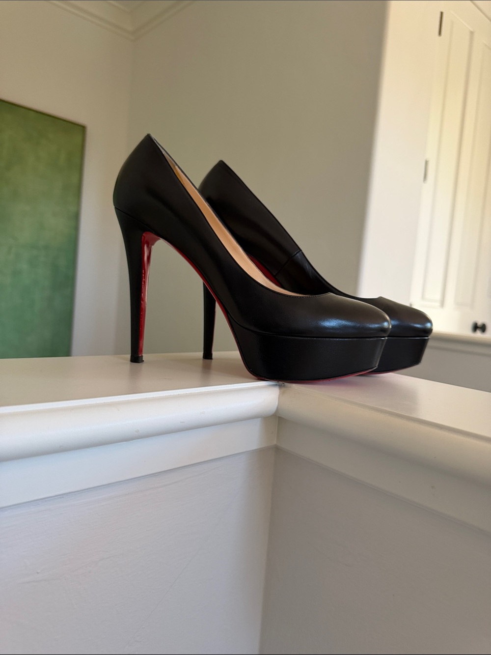 Christian Louboutin Black Leather Platform Pumps with Red Sole Accents